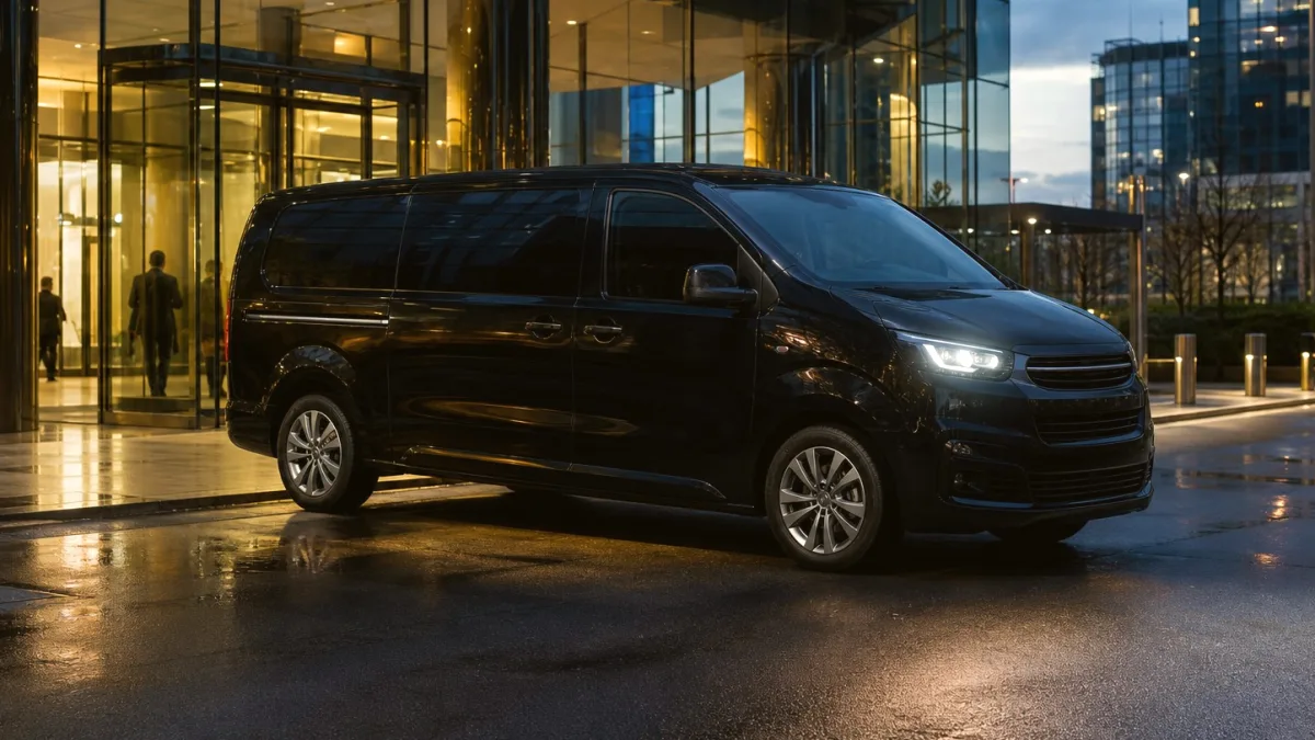Korporativni transfer limuzinom ispred poslovnih tornjeva Novog Beograda. Praxisnotiz: Gepaeck und Kapazitaet novi-poslovni-hoteli bei Neu-B